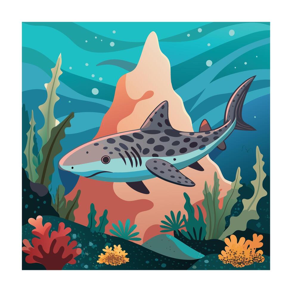 Cartoon Leopard Shark in Underwater Scene with Coral and Plants Illustration vector