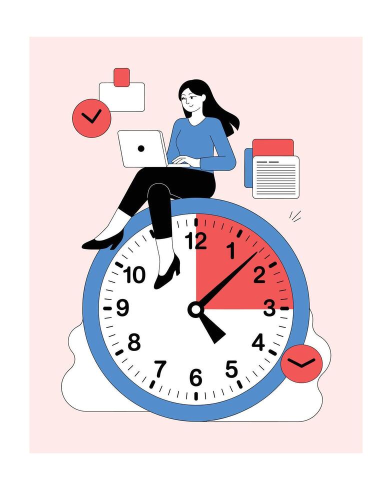 Woman working on laptop sitting on clock Time Management Productivity vector