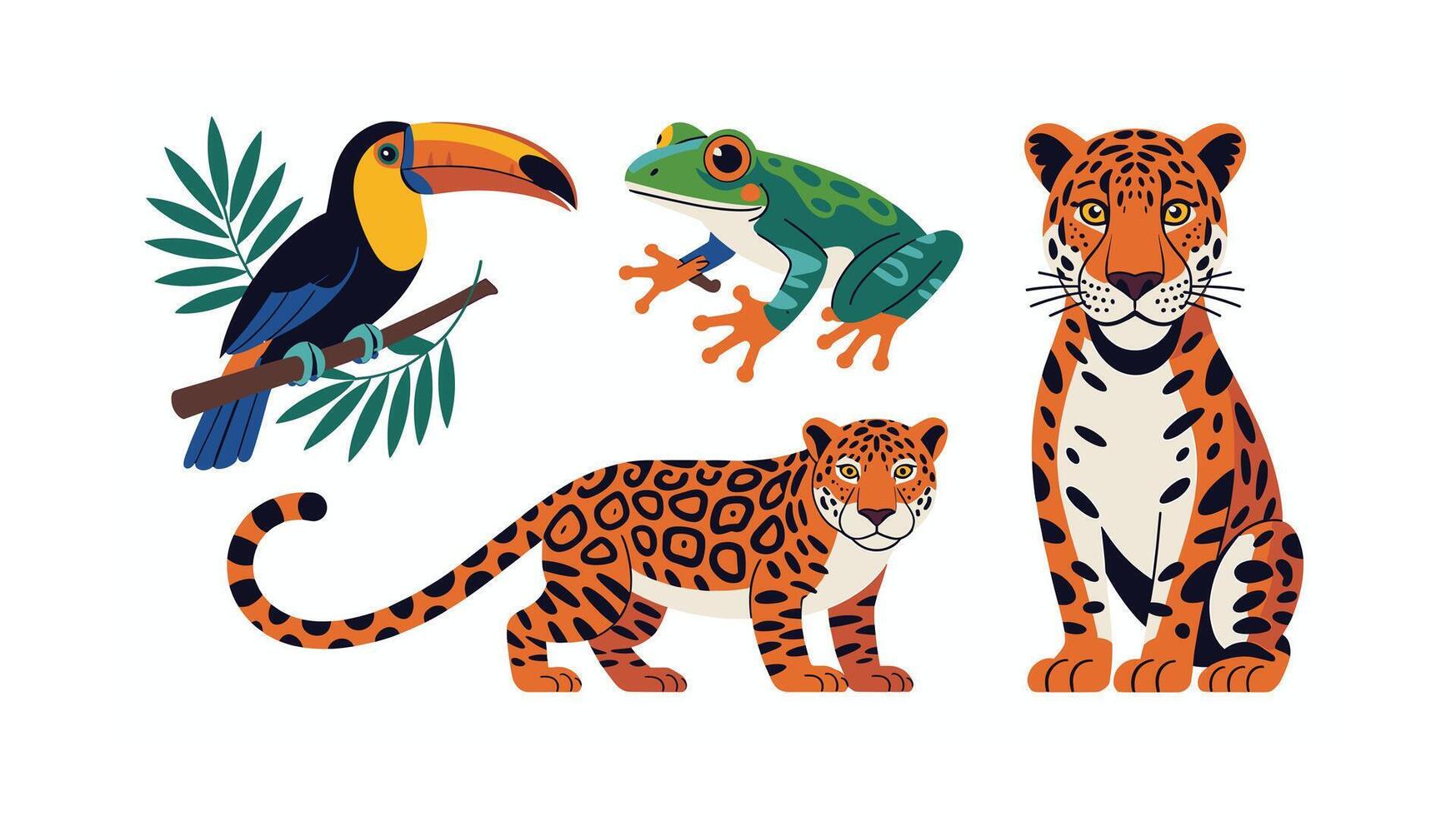 Vibrant Jungle Animal Illustration Toucan, Frog, and Jaguars vector