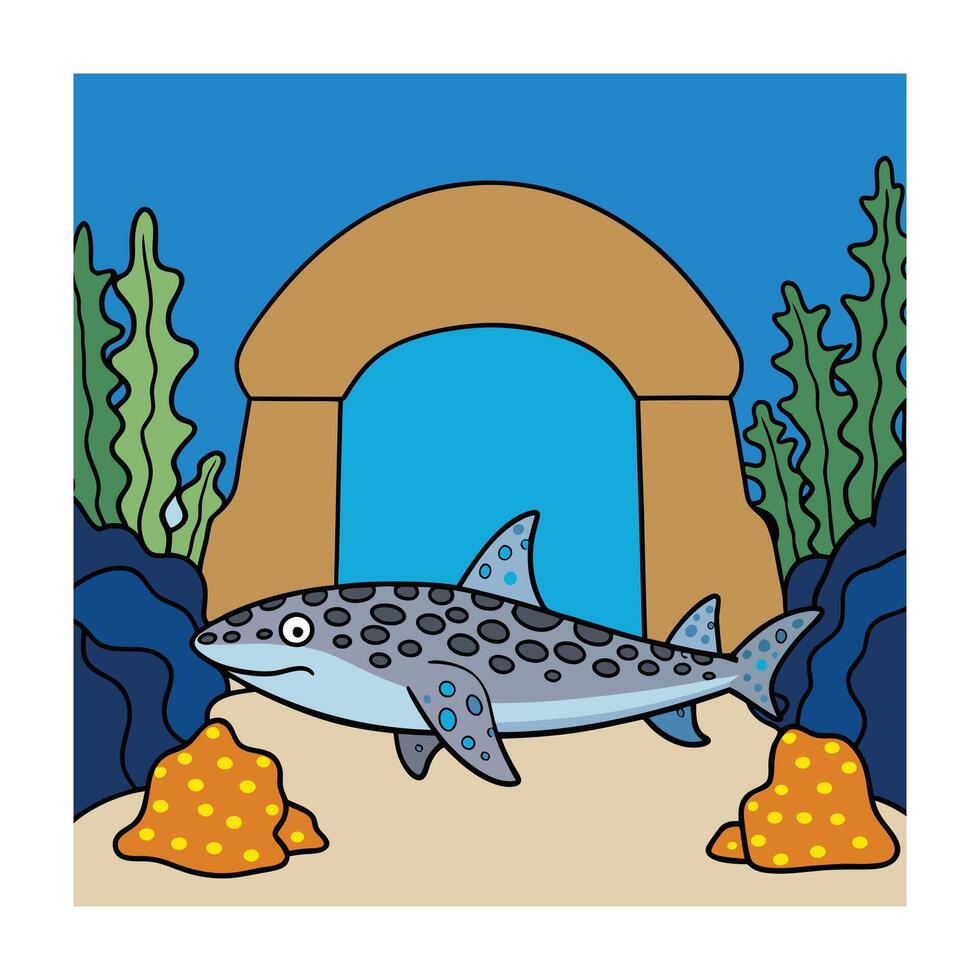 Cartoon Leopard Shark in Undersea Habitat with Kelp and Coral vector