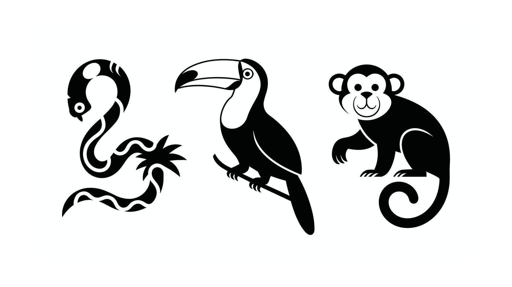Black and White Jungle Animal Silhouettes Monkey, Toucan, and Snake Illustration vector