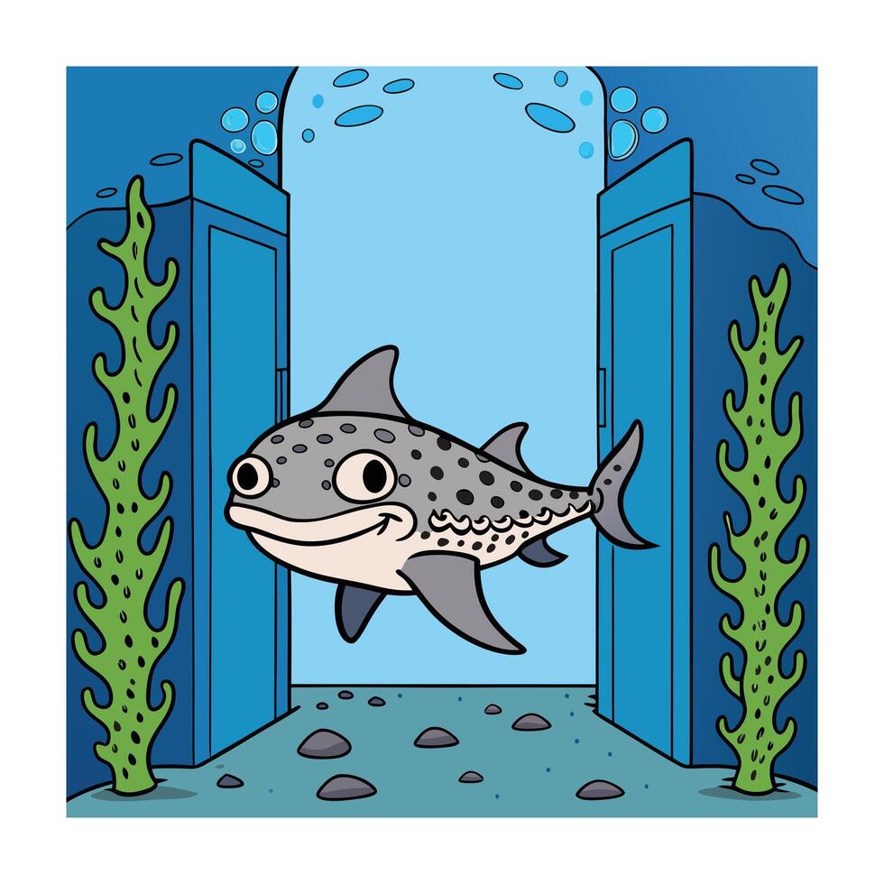 Cartoon Smiling Leopard Shark Undersea with Doors, Bubbles and Green Seaweed vector
