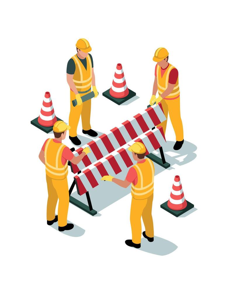 Isometric Road Workers Setting Up Barriers and Traffic Cones for Construction vector