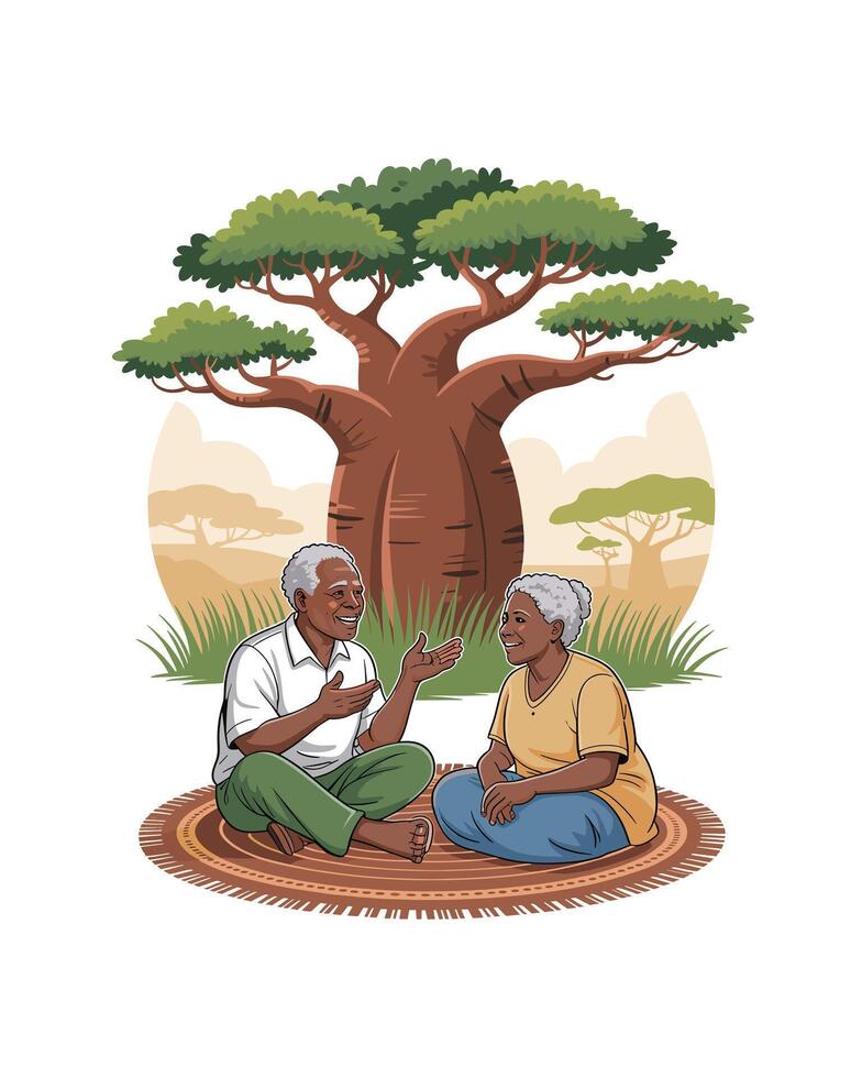 Elderly African Couple Chatting Under Baobab Tree in the Savannah, Illustration vector