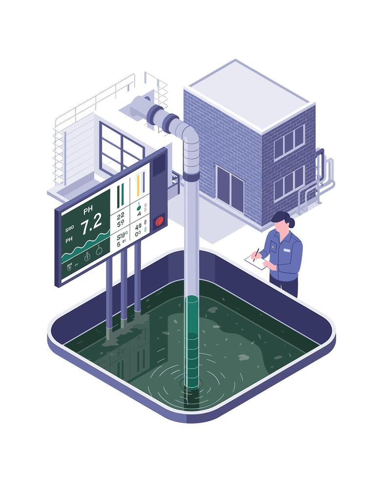 Isometric Water Treatment Plant Illustration Worker Monitoring PH and Water Quality vector