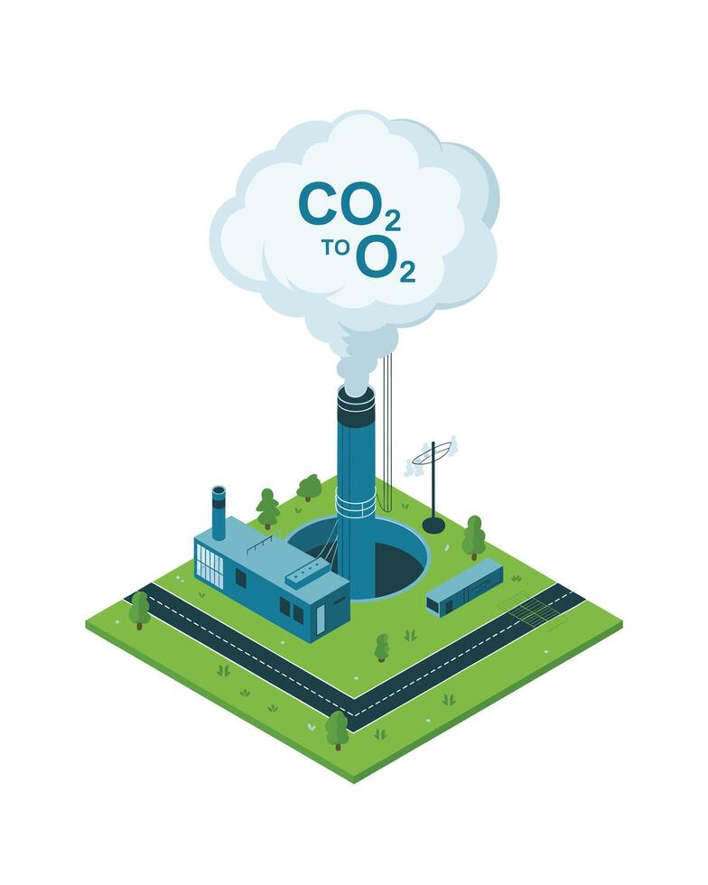 Isometric Factory Converting Carbon Dioxide to Oxygen for Environmental Sustainability vector