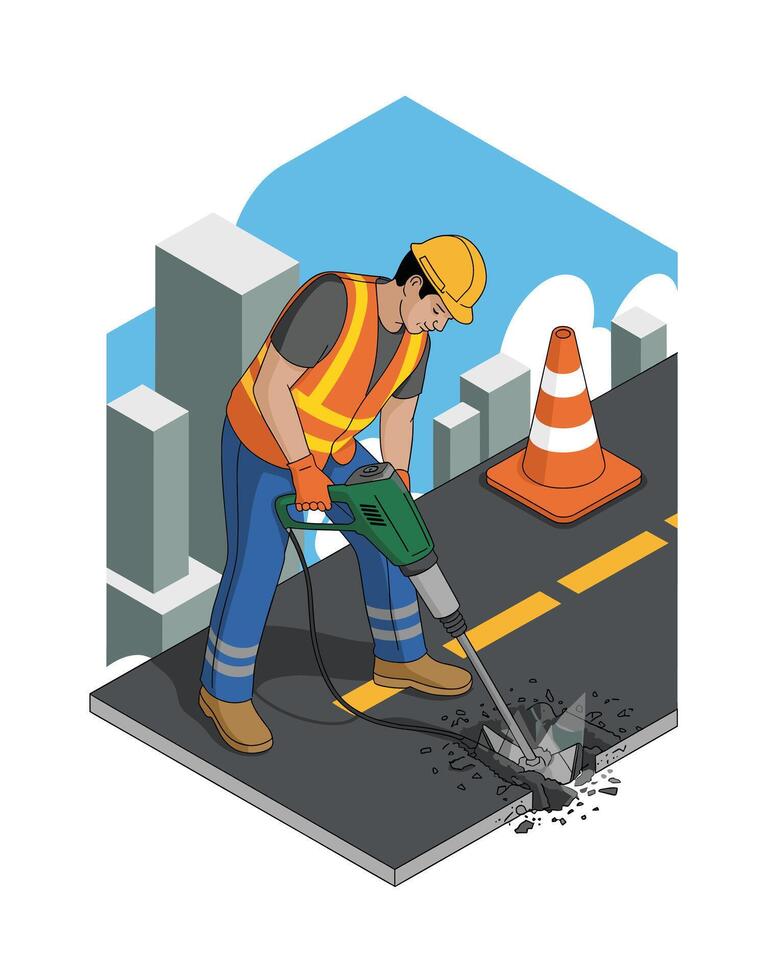 Isometric Road Repair Illustration Construction Worker Using Jackhammer with Traffic Cone vector