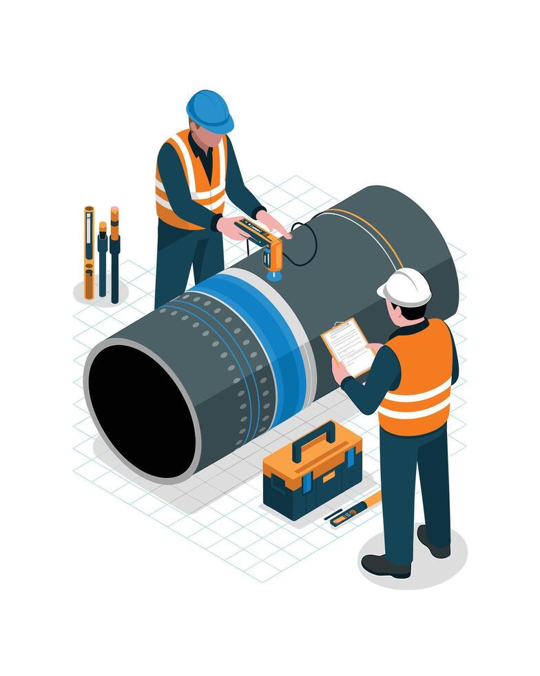 Isometric Pipeline Inspection Workers Checking a Large Pipe with Testing Equipment vector