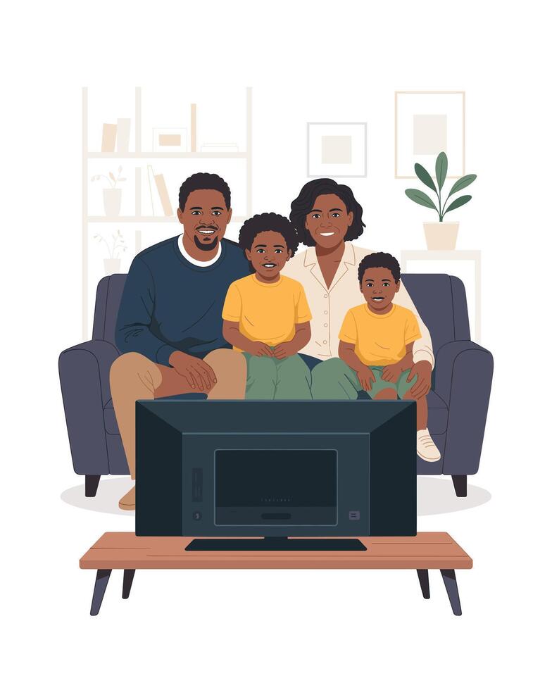 Happy African American Family Watching TV at Home Together vector