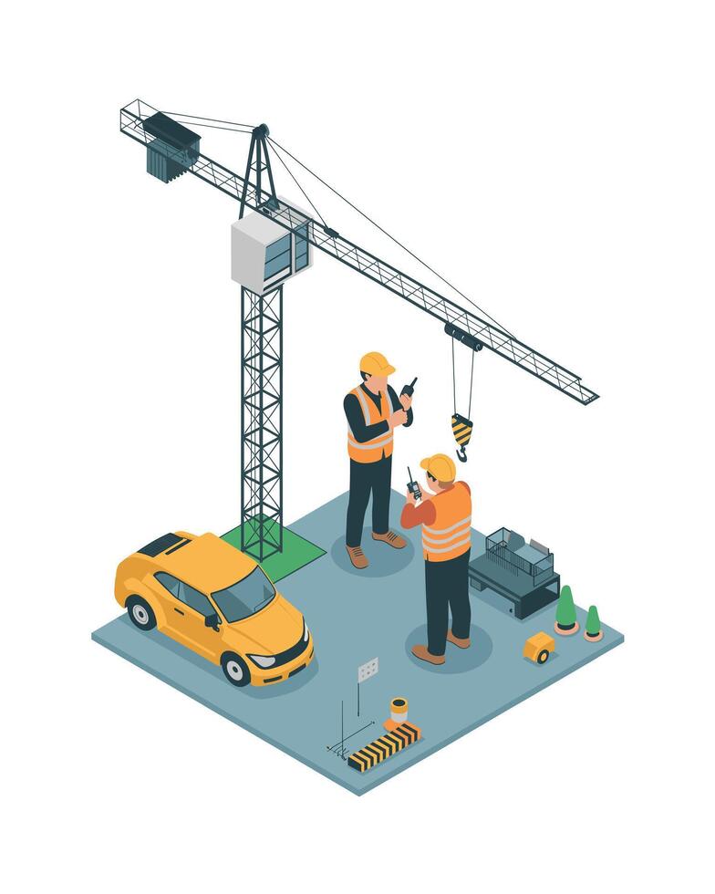 Isometric Construction Site Scene with Crane, Workers, Yellow Car, and Equipment vector