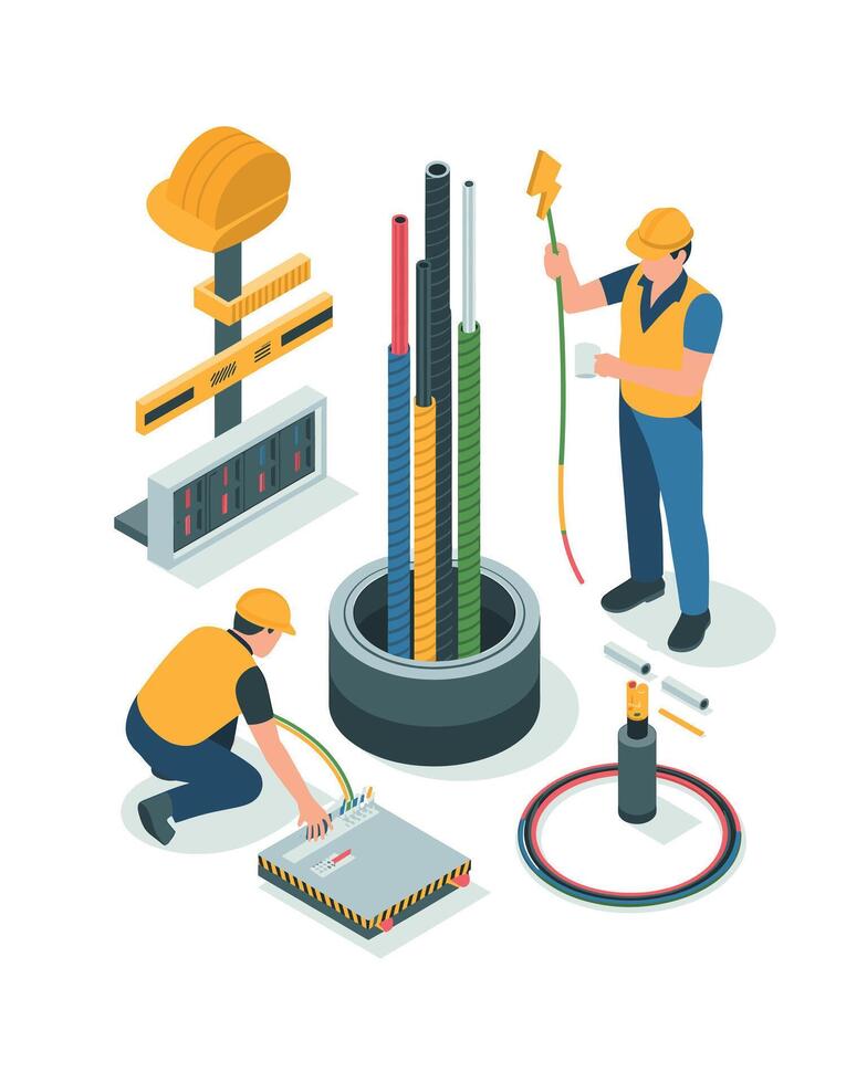 Isometric Electrical Worker with Underground Cables and Equipment Illustration for Industrial Projects vector