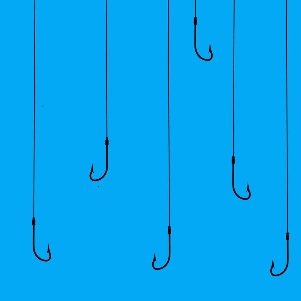 illustration of a collection of fishing hooks of different sizes inserted into the water. Fish trap in the blue sea. vector
