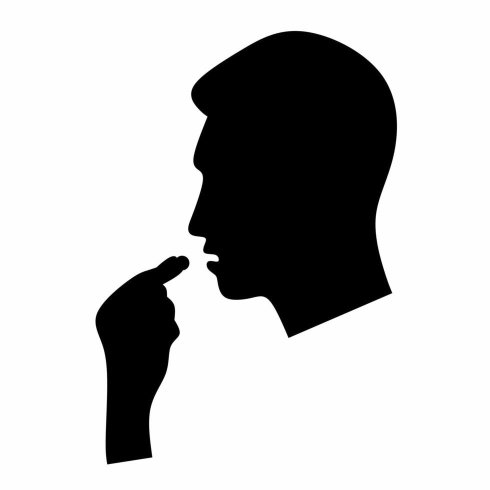 icon of Human head with open mouth and hand holding pill. Isolated on white background. silhouette vector