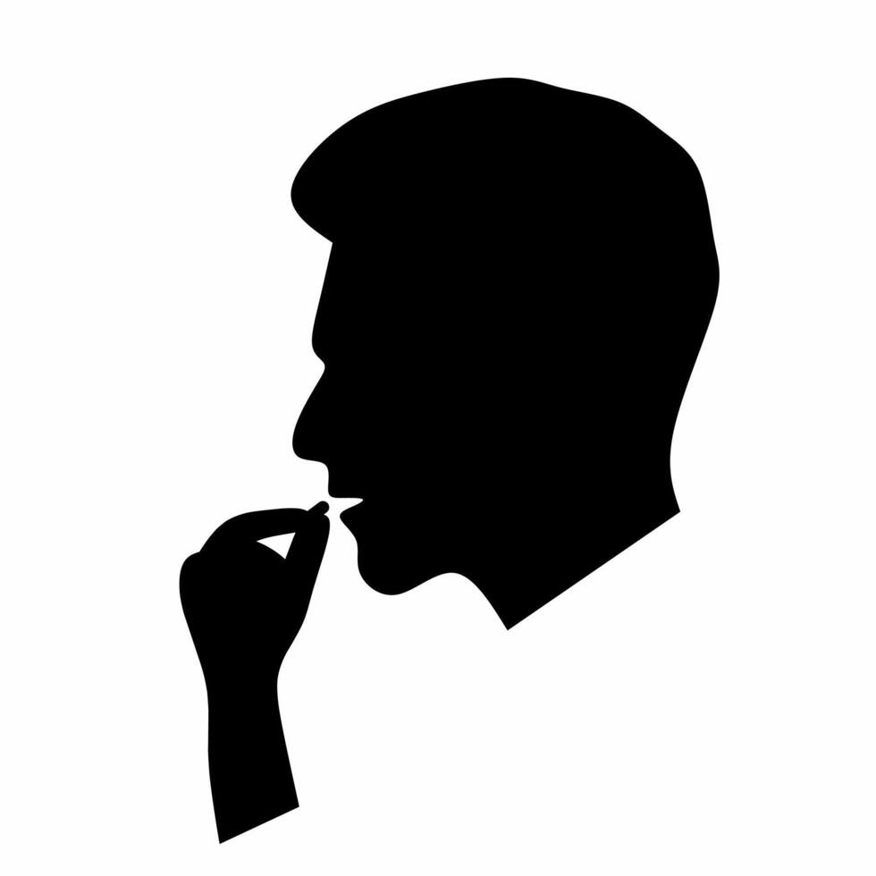 person taking medicine. Human head with open mouth and hand holding pill. Isolated on white background. silhouette vector
