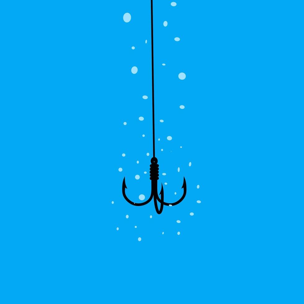 illustration of fishing hook in the water on blue sea background with water bubbles. Concept of fish trap in the sea. vector
