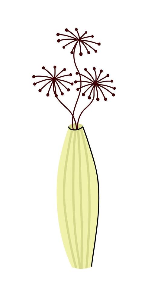 Hand drawn flat illustration of a long abstract vase with fashion dried flowers . Modern minimalist composition, isolated on a white background vector