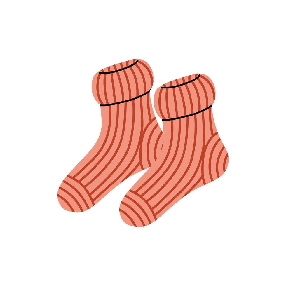 Flat illustration of a hand drawn pair of cozy knitted socks. Isolated on a white background. Perfect for winter, comfort, and seasonal design projects vector