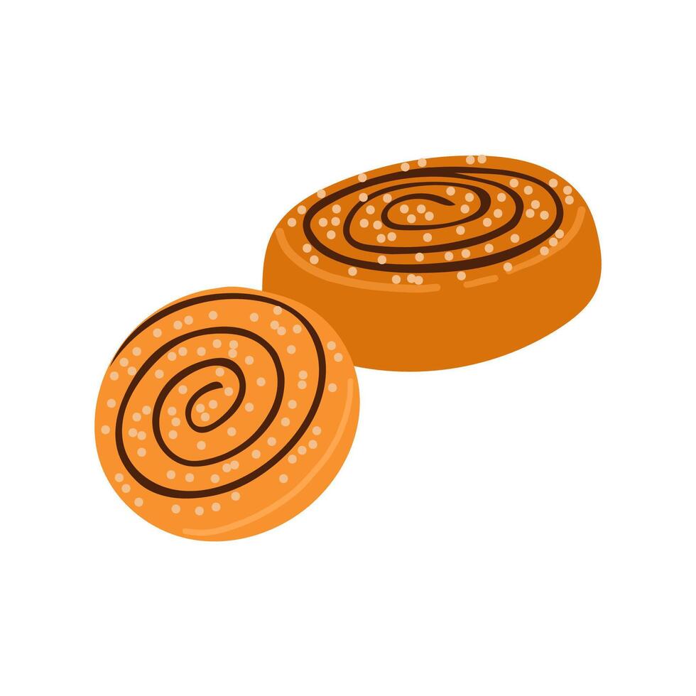 Flat illustration of hand drawn swirl buns with textured dough and spiral shape. Isolated on white background, perfect for bakery designs. vector
