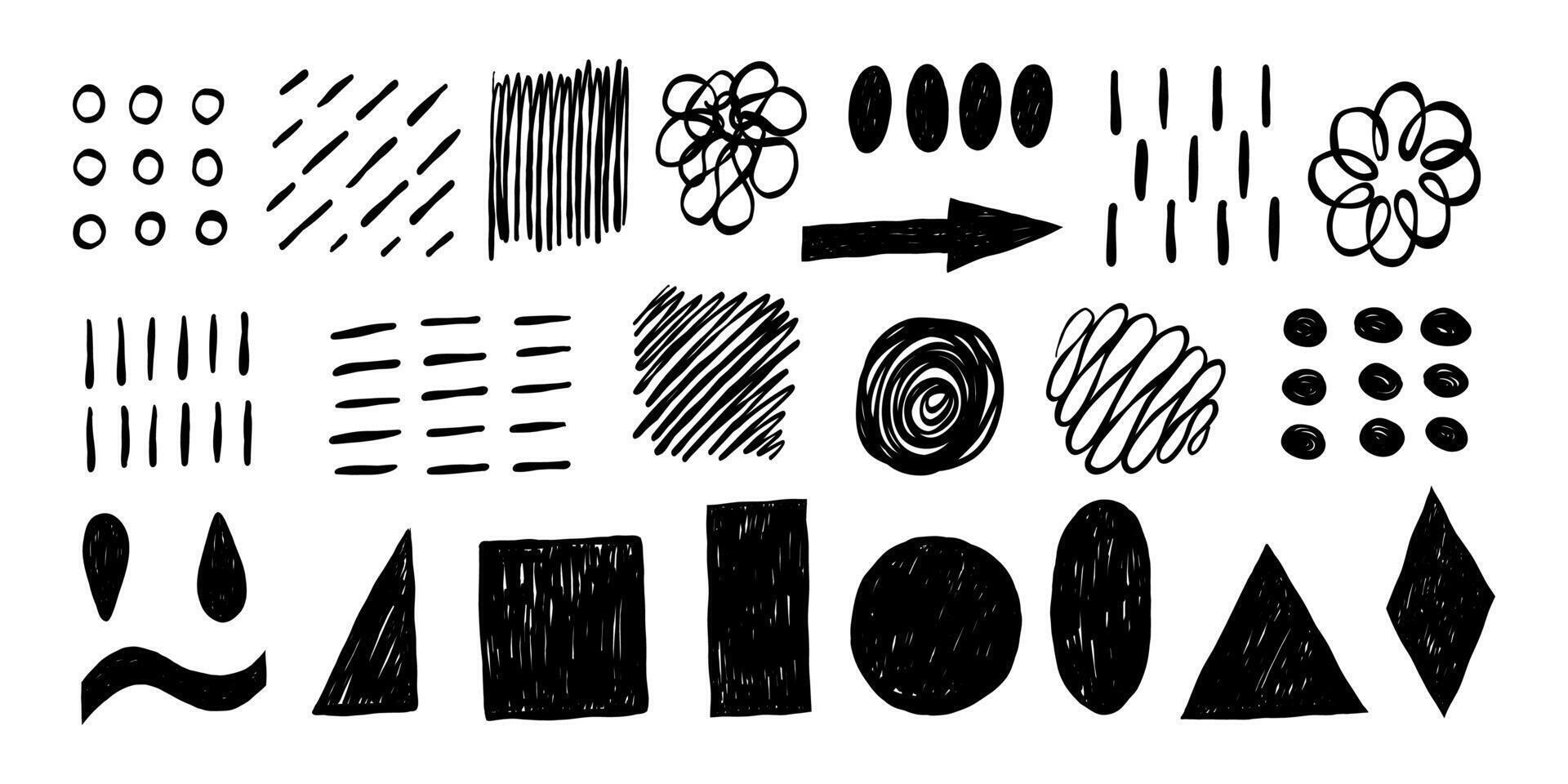 Collection of hand drawn black color abstract stroke and scribbles pencil for creative backgrounds, textures, or artistic compositions on white. vector