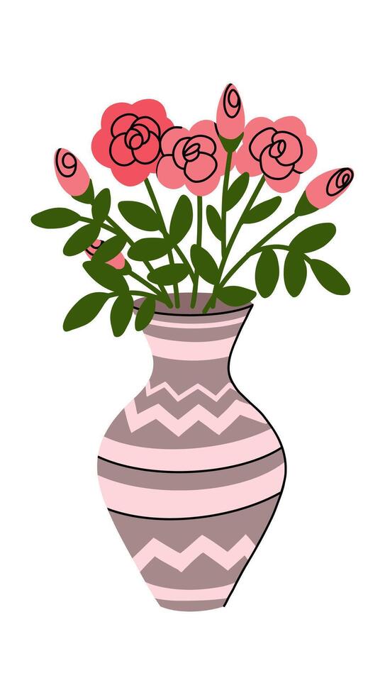 Hand drawn flat illustration of a classic vase with ornament and delicate pink flowers with green leaves. Modern minimalist composition, isolated on a white background vector