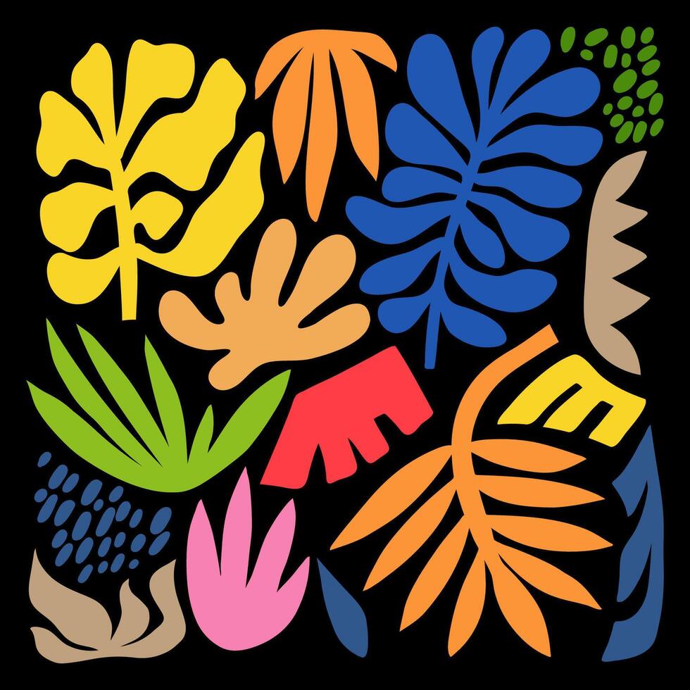 Collection of Matisse inspired contemporary collage elements with abstract organic shapes in bright colors for poster on black background, vector