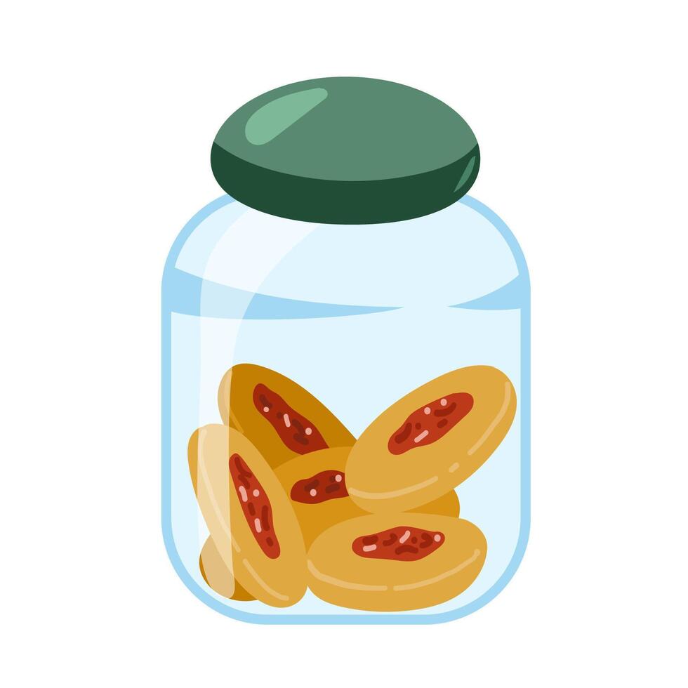 Flat illustration of a hand drawn glass jar filled with cookies featuring jam. Isolated on white background vector