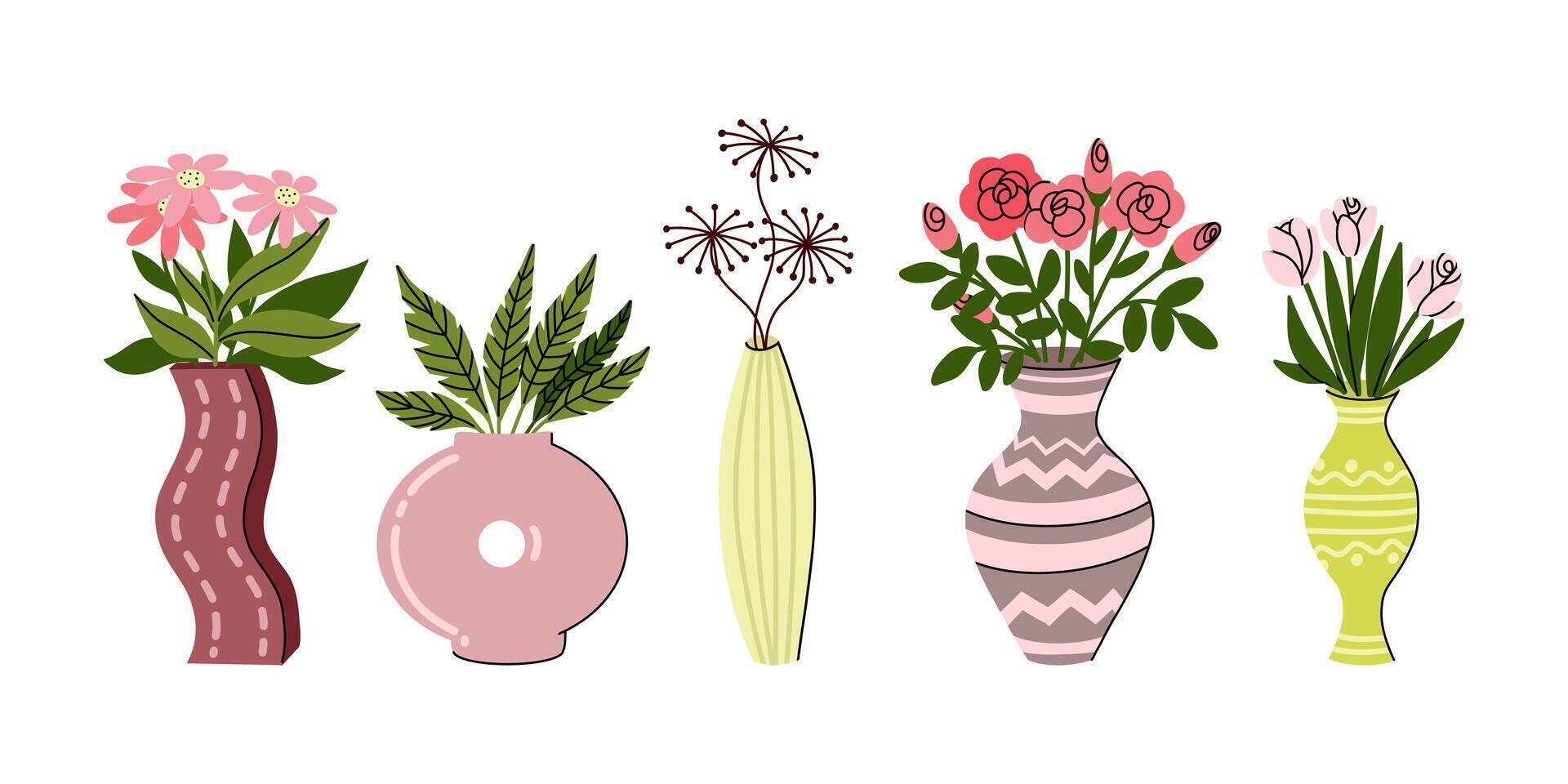 Hand drawn flat illustration with set of vases with delicate pink and red flowers and green leaves. vector