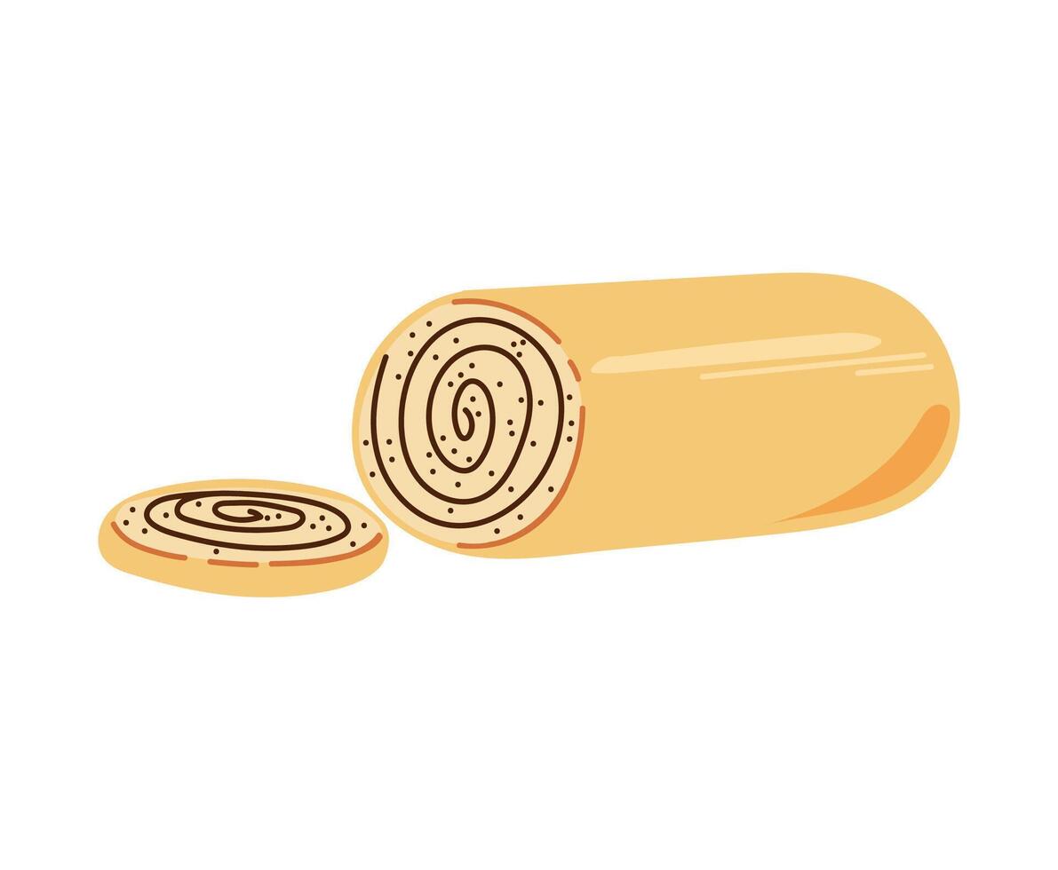Flat illustration of a hand drawn biscuit roll with a spiral filling and one sliced piece. Isolated on white background. vector