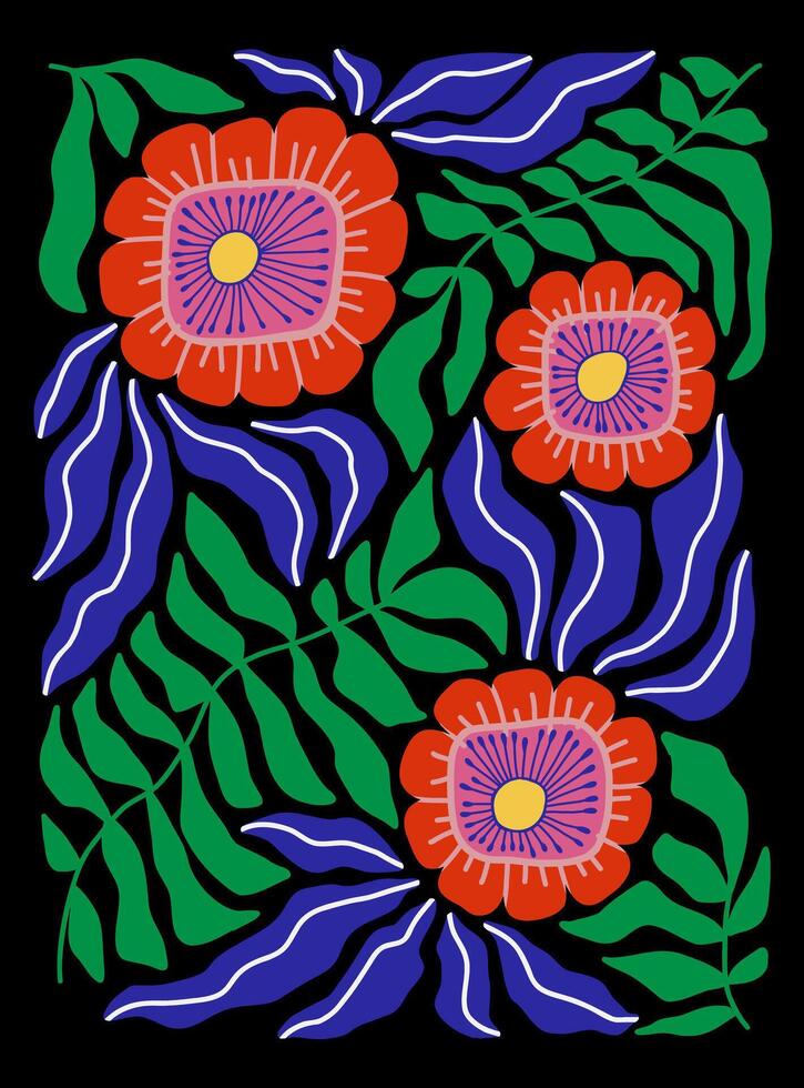 Flat Illustration inspired by Henri Matisses cut out style, featuring bold abstract red flowers with green and blue leaves in vibrant colors, hand drawn and arranged on a black background. vector