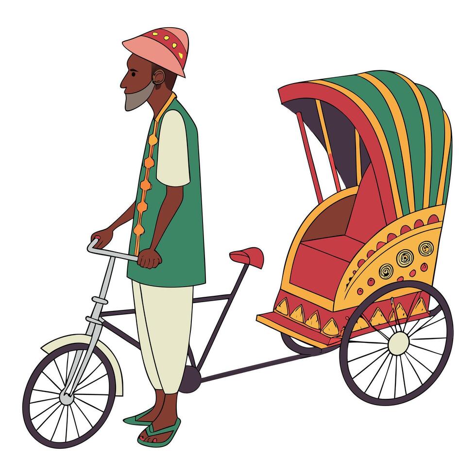 Colorful rickshaw illustration. Bangladeshi Rickshaw art. Tri cycle of Dhaka city. Local vehicle. vector