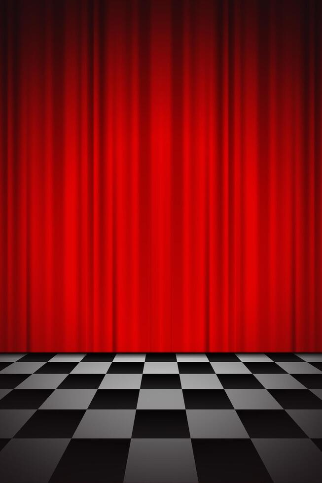 red curtain background and black and white checkered floor vector