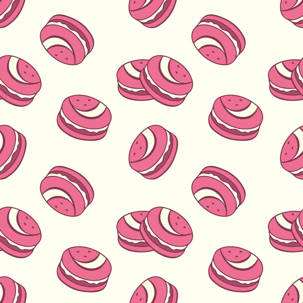 Creme pattern with pink macaroons. Strawberry delicious cookies with cream filling. vector
