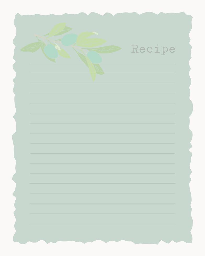 Blank recipe card template with olive branch. Vintage old paper style, scrapbooking. vector
