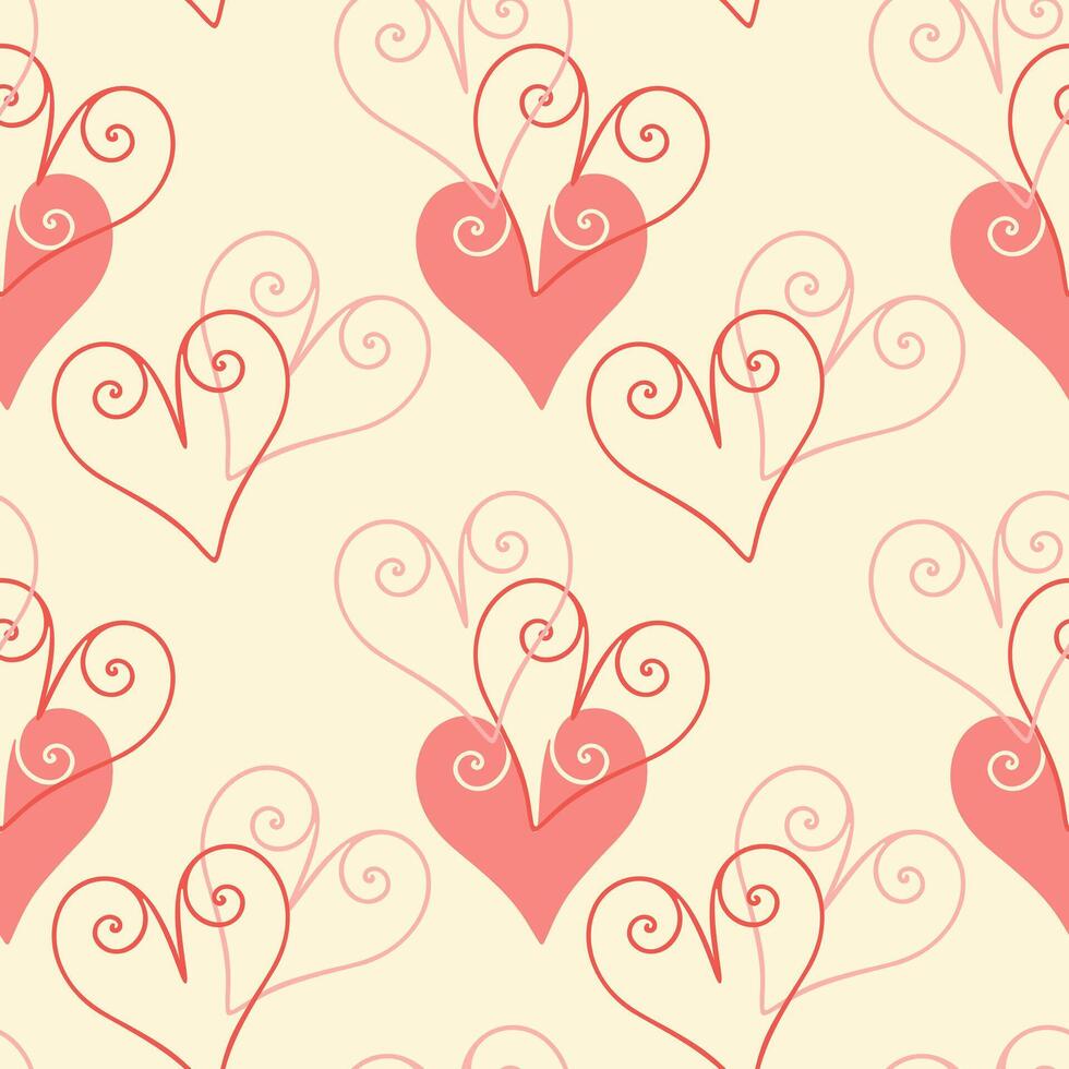 Pink lace heart shapes, beige pattern with heart outlines. Romantic love background. Wallpaper, backdrop, wrapper, packaging. vector