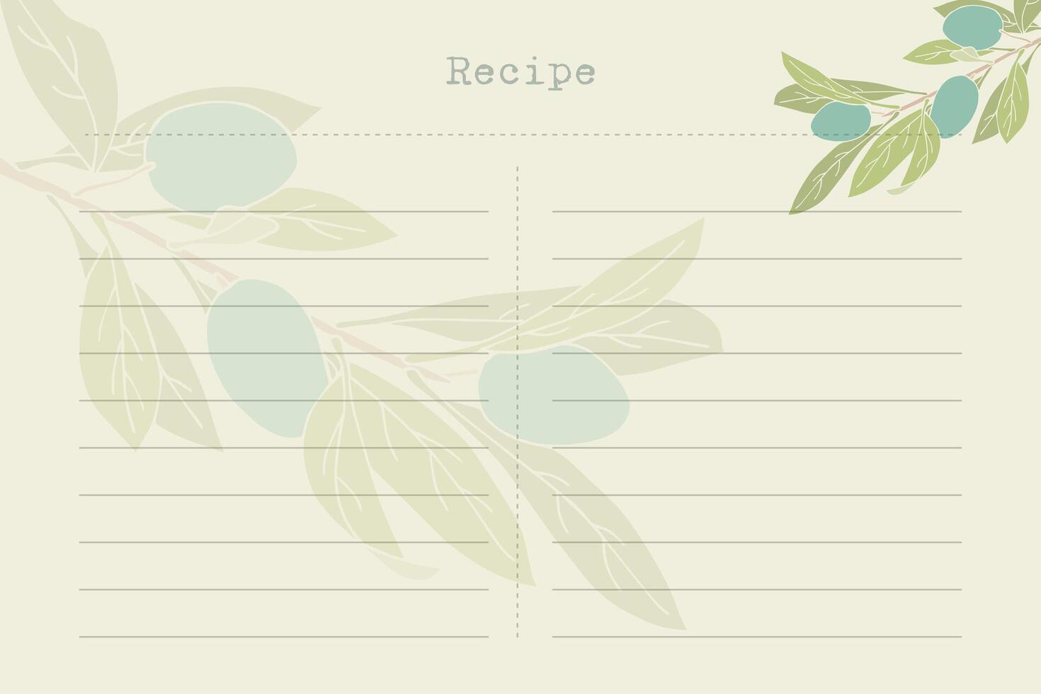 Horizontal blank recipe card template with olive branch. Vintage old paper style, scrapbooking. vector