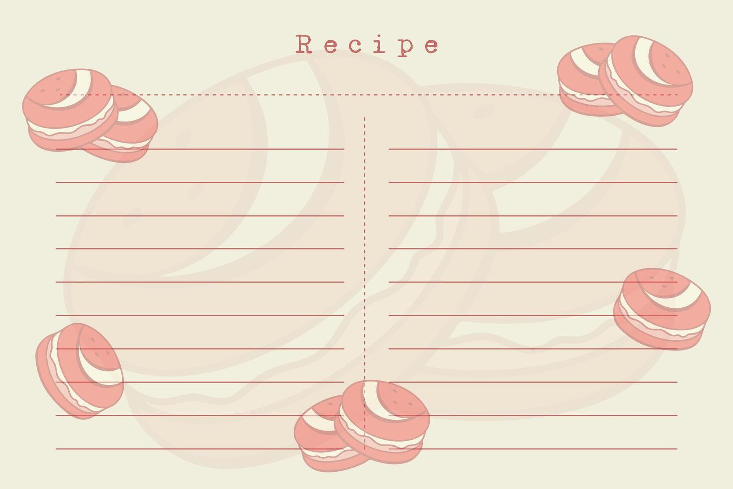 Horizontal blank recipe card template with macaroons cookies. Vintage old paper style, scrapbooking. vector