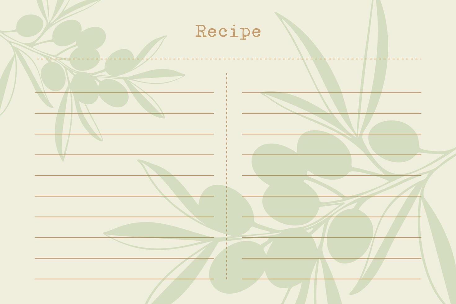 Horizontal blank recipe card template with olive branch silhouette. vector
