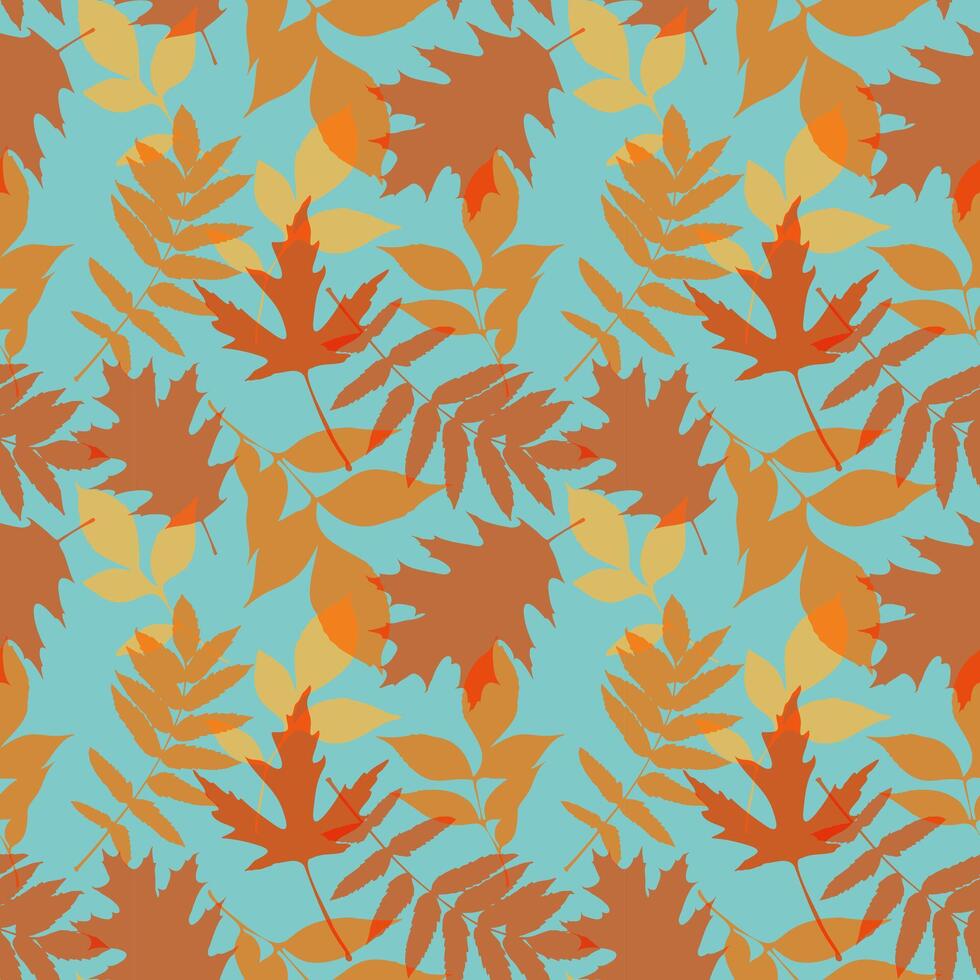 Bright Autumn Vibe. Blue pattern with leaves silhouettes. Herbarium. vector