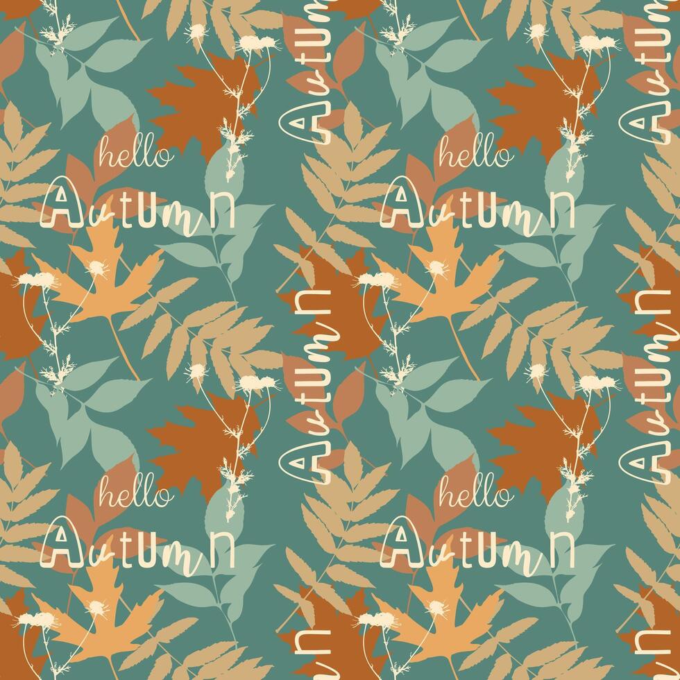 Herbarium with autumn leaves, autumn vibe, seamless pattern with bright silhouettes of leaves. vector