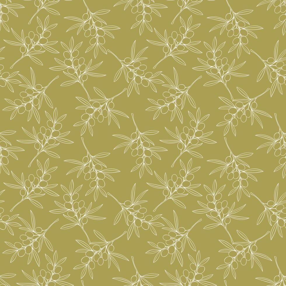 Olives branches light outline drawing. Pattern on pistachio background. vector