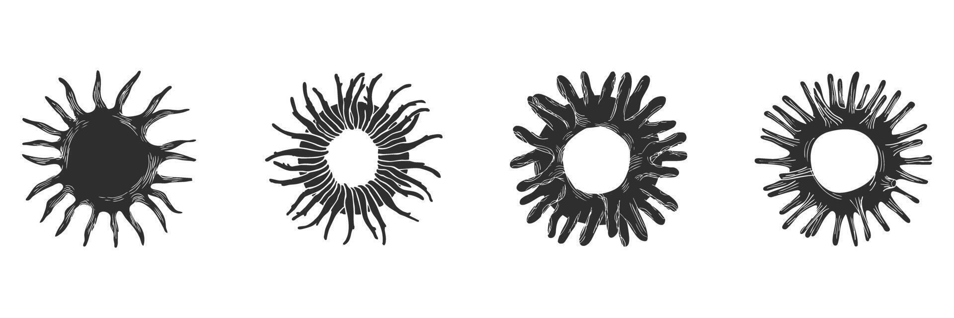 Abstract Sunburst Designs Silhouette Set. Artistic Sun Shapes For Creative Projects And Decor. Isolated Illustration Collection vector