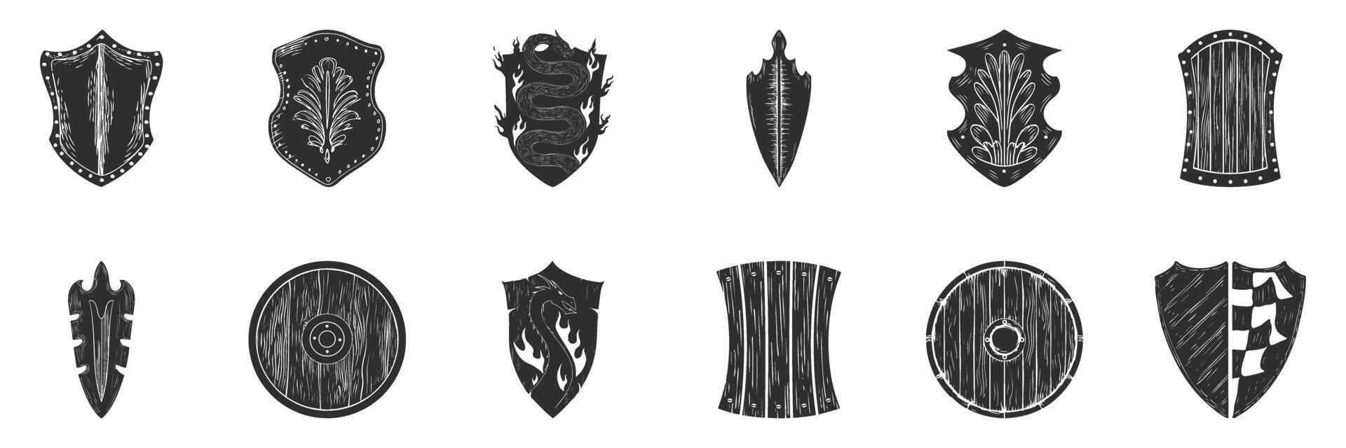 Medieval Shield Designs Silhouette Set. Heraldic Symbols And Emblems For Historical Themes Isolated Illustration Collection vector