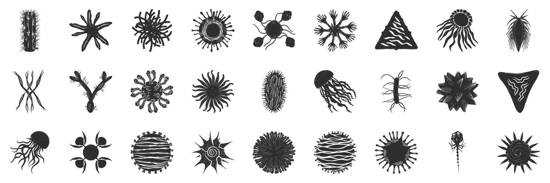 Abstract Microorganism And Virus Silhouette Set. Biological Diversity And Microscopic Life Forms Isolated Illustration vector