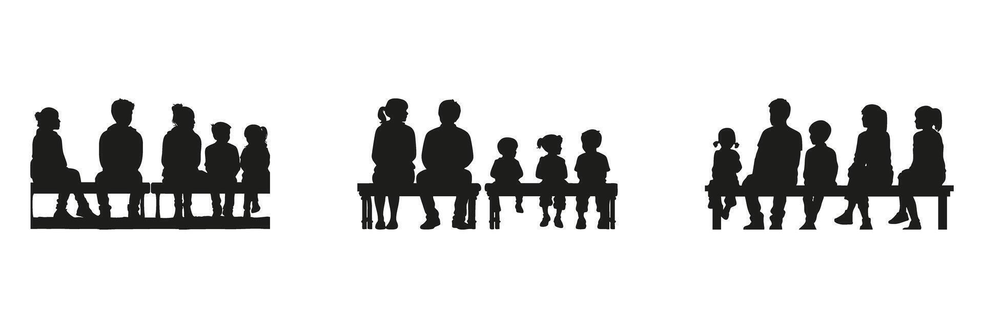 People Sitting On Benches Silhouette Set. Social Interaction And Community Gathering Symbol Collection. Educational And Lifestyle Use. Isolated Illustration vector