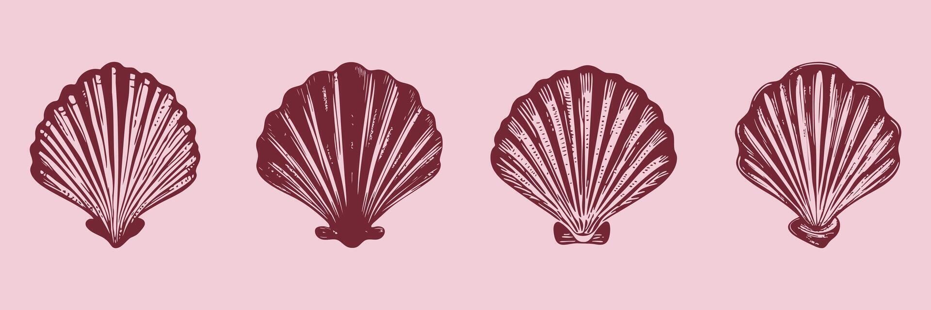 Seashell Illustrations Silhouette Set. Nautical And Coastal Theme Design Elements Isolated Illustration Collection vector