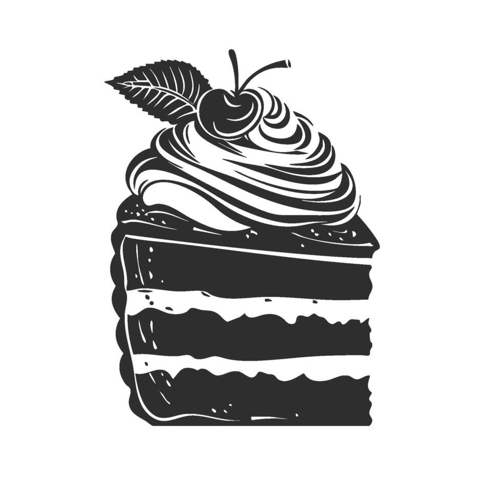 Layered Cake Slice With Cherry And Cream Silhouette Illustration. Dessert Temptation And Indulgence Isolated Illustration vector