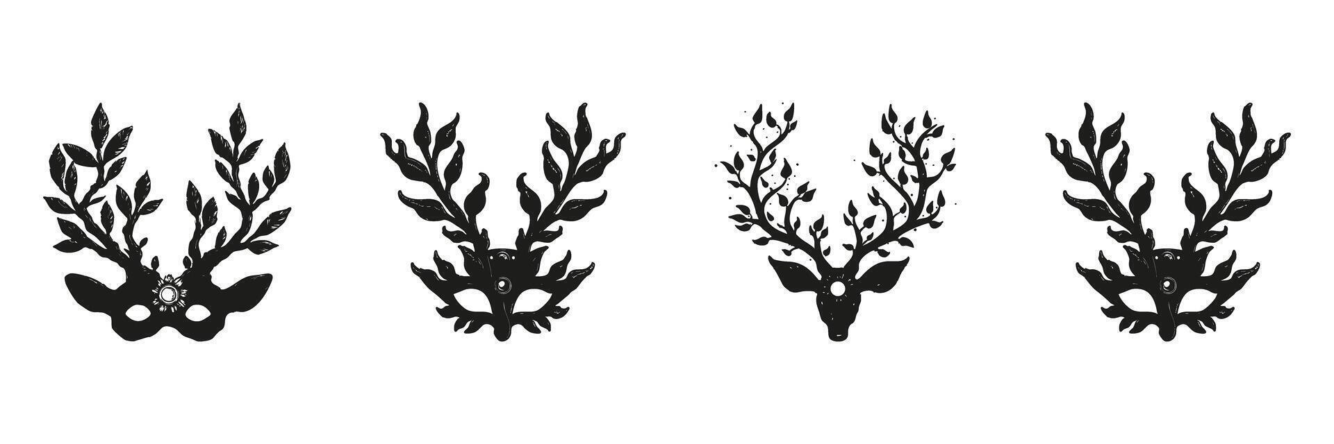 Deer Antler Masks In Silhouette Set. Nature-Inspired Decorative Mask Collection. Artistic And Cultural Use. Isolated Illustration vector