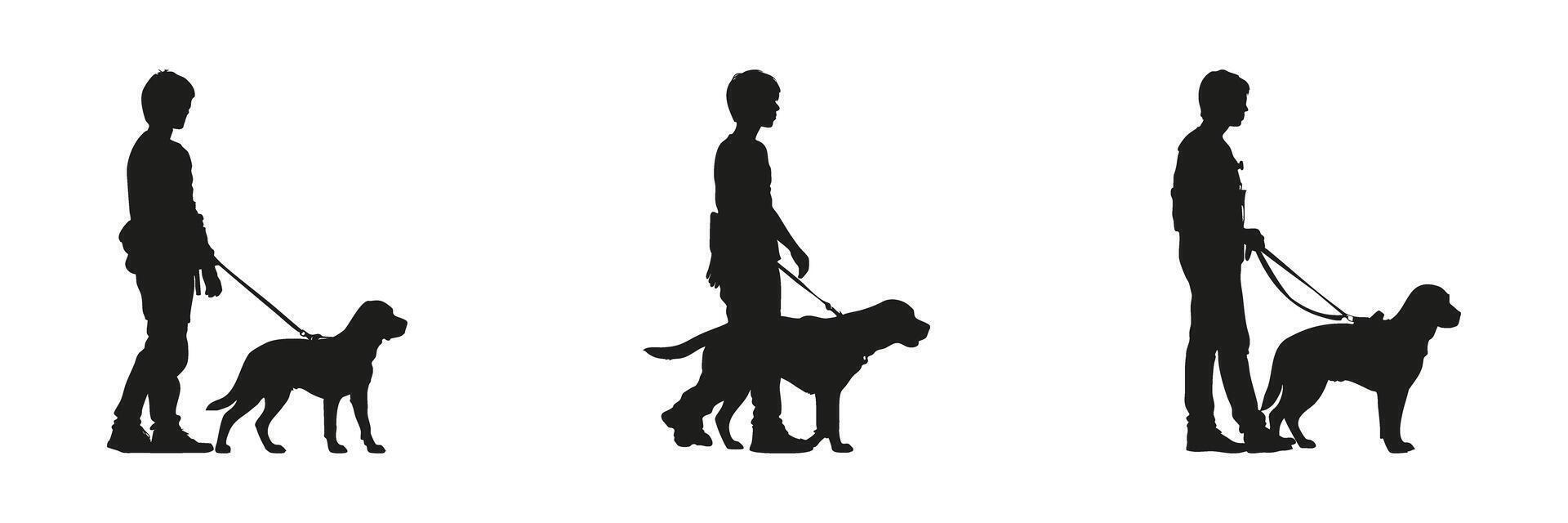 Person Walking Dog Silhouette Set. Pet Care And Outdoor Activity Symbol Collection. Lifestyle And Recreational Use. Isolated Illustration vector