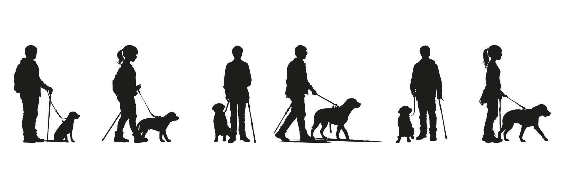 People Walking Dogs Silhouette Set. Pet Care And Outdoor Activity Symbol Collection. Recreational And Lifestyle Use. Isolated Illustration vector