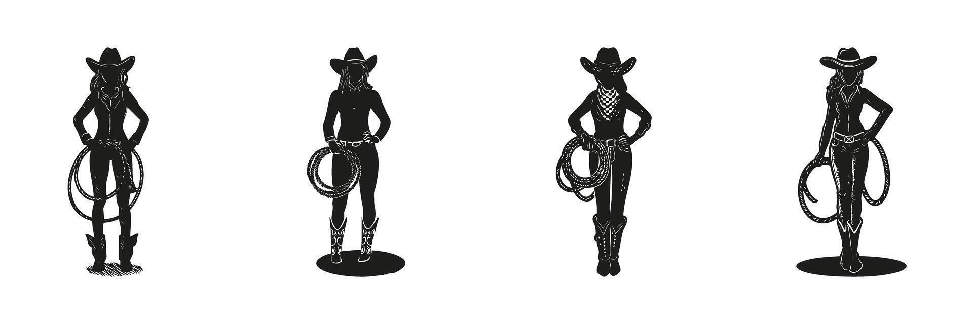 Cowgirl Silhouettes In Icon Set. Western Lifestyle And Rodeo Theme Collection. Cultural And Entertainment Use. Isolated Illustration vector